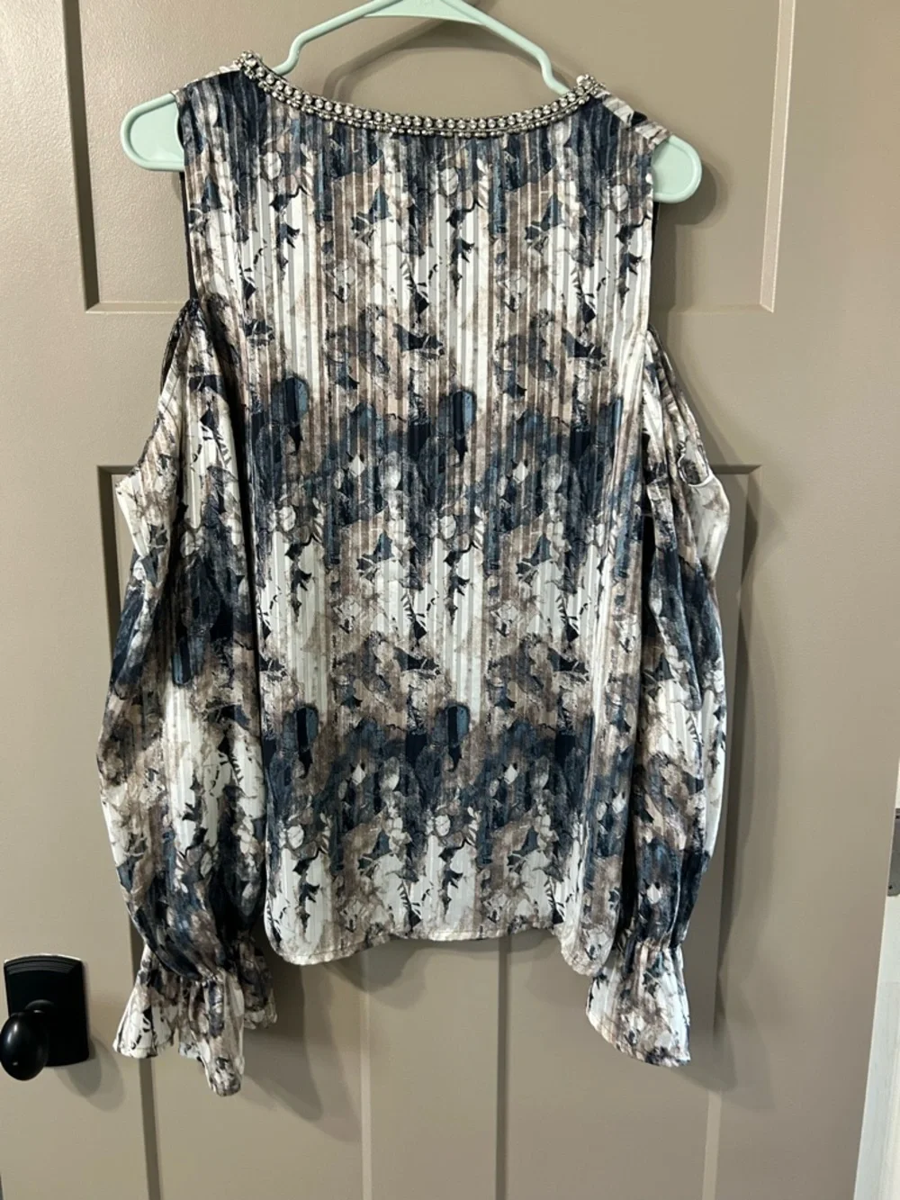 Miss Me Beaded V-Neck Cold-Shoulder Blouse in Blue and Cream Ruffle sleeves